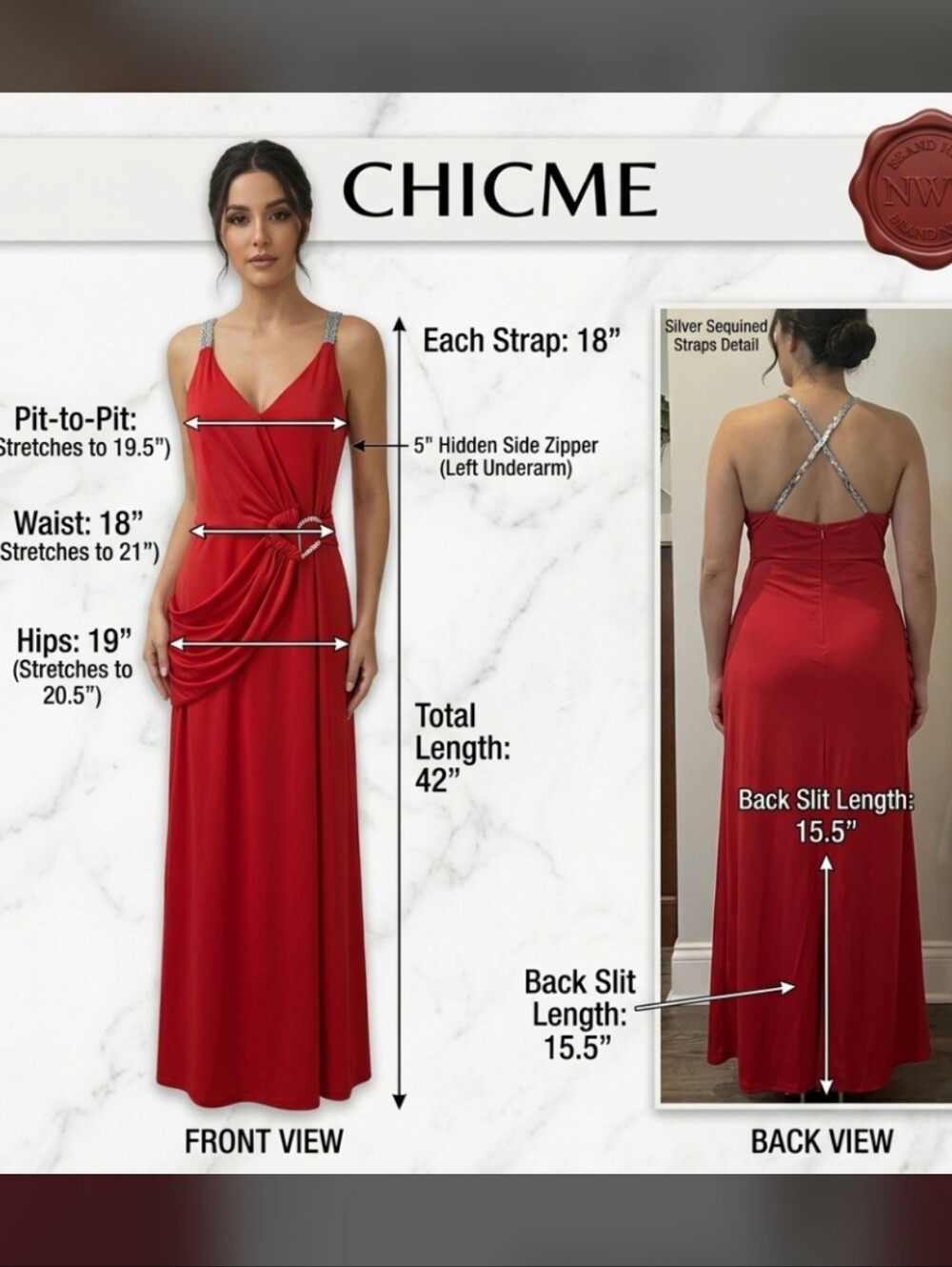 CHICME Red Maxi Dress Size Large 14 Sequin Crisscross Straps Ring Accent